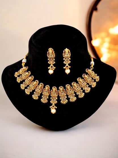 Gold Plated Temple Jewellery Goddess Lakshmi Design Necklace with Earrings