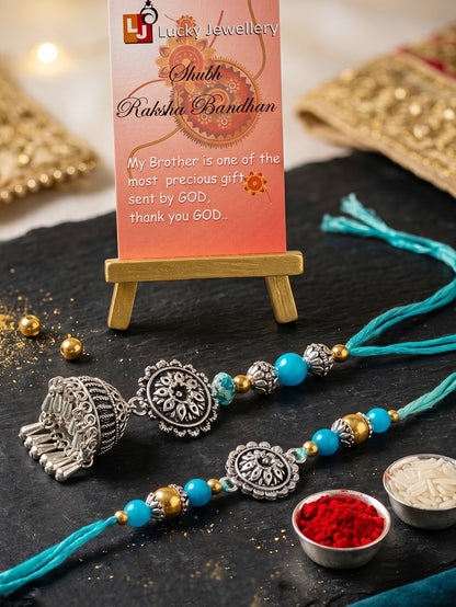 Set of 2 Bhaiya Bhabhi Rakhi Set with Oxidised Floral & Jhumka Lumba, Blue Beads,Roli Chawal & Card (144-JPCR1-1983-S-2-2026)