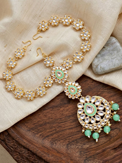 Bridal Kundan Mint Green Choker Jewellery Set with Hathphool & Nath (2541-IZK-554-MNT)
