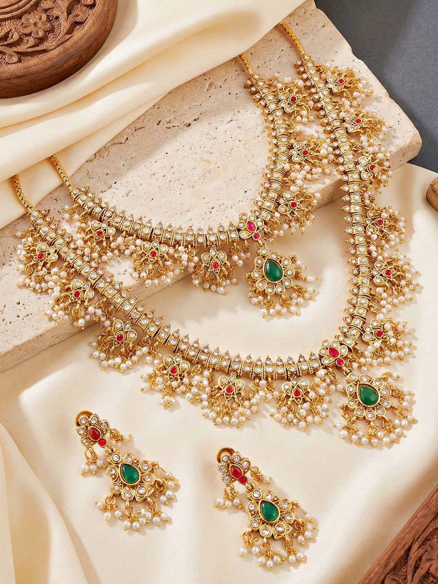 Exquisite Indian Ethnic Gold Plated 2-Piece Choker and Long Necklace Set with Pearl Tassels & Matching Earrings for Women - Premium Bridal, Wedding & Festive Wear (2063-ISR-2302-RG)