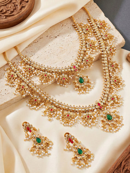 Exquisite Indian Ethnic Gold Plated 2-Piece Choker and Long Necklace Set with Pearl Tassels & Matching Earrings for Women - Premium Bridal, Wedding & Festive Wear (2063-ISR-2302-RG)