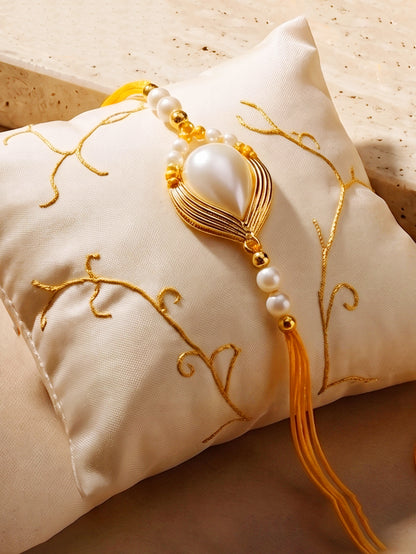 Set of 2 Designer Rakhi for Brother, White Stone Centerpieces with Golden Beads, Roli, Chawal (275-CHR1-1137-2-2026)