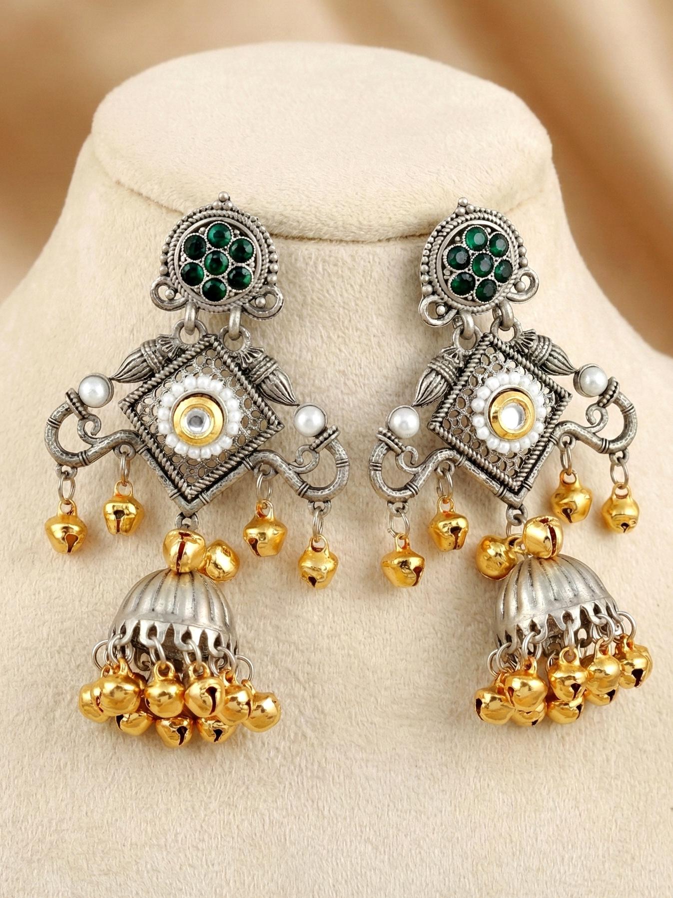 LUCKY JEWELLERY Traditional Dual Tone Oxidized Silver Jhumka Earrings with Green Stone & Golden Ghungroo | Kashmiri Style Jhumki Earrings for Girls & Women | Festive & Gift Wear