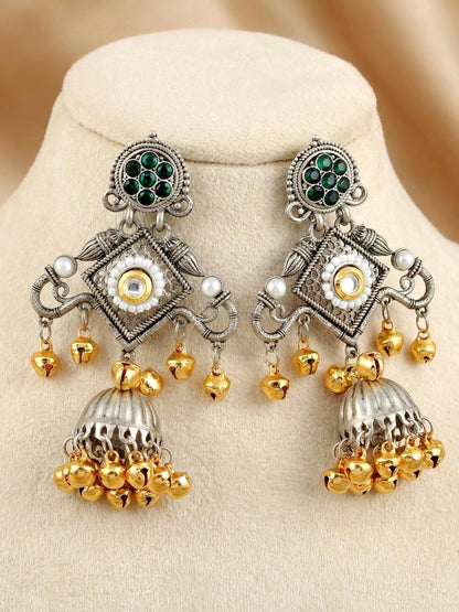 LUCKY JEWELLERY Traditional Dual Tone Oxidized Silver Jhumka Earrings with Green Stone & Golden Ghungroo | Kashmiri Style Jhumki Earrings for Girls & Women | Festive & Gift Wear