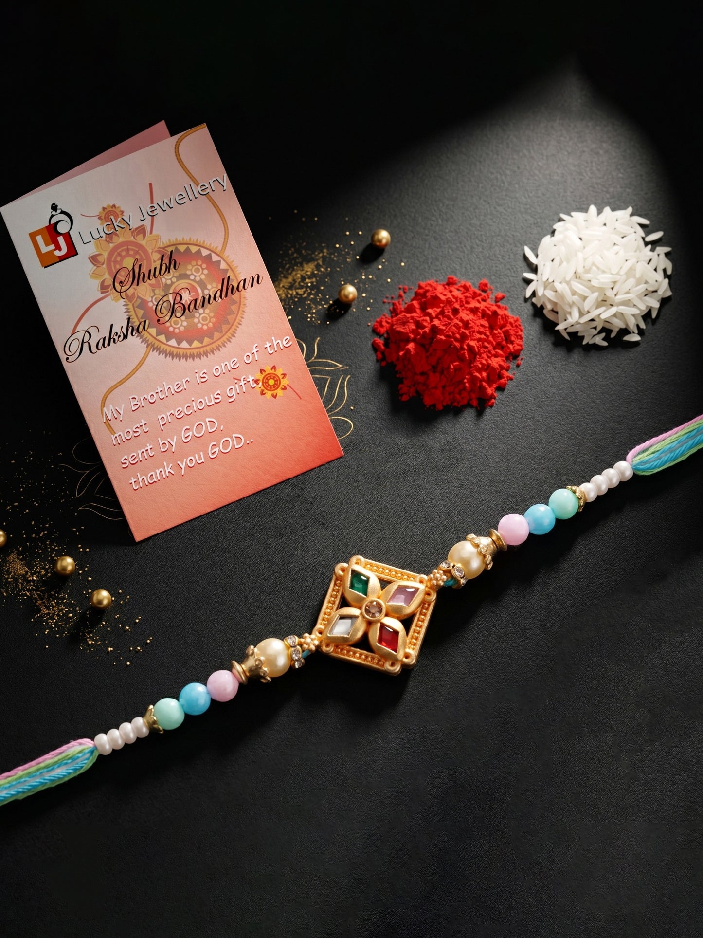 Designer Multi-Color Floral Stone Rakhi for Brother | Pastel Beaded Raksha Bandhan with Roli Chawal (49-S7R1-YO2118)
