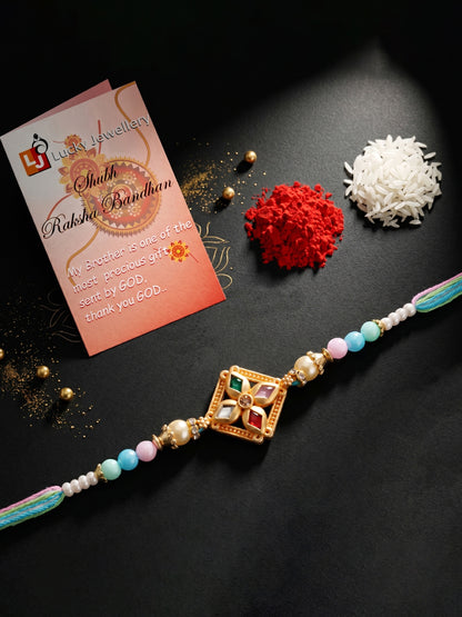 Designer Multi-Color Floral Stone Rakhi for Brother | Pastel Beaded Raksha Bandhan with Roli Chawal (49-S7R1-YO2118)