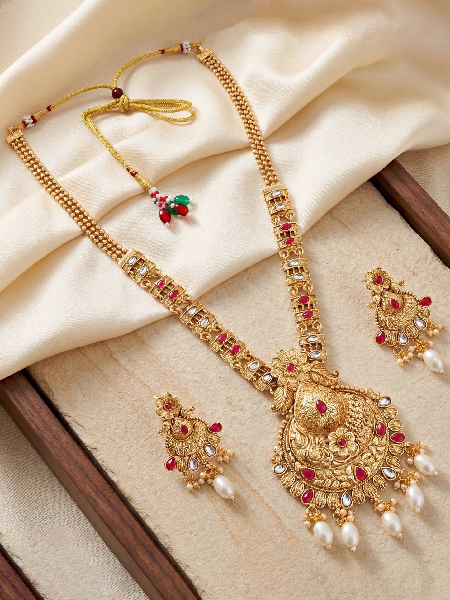 Lucky Jewellery Gold-Plated Ruby Color Long Necklace Set (660-G2SR-203-R)
