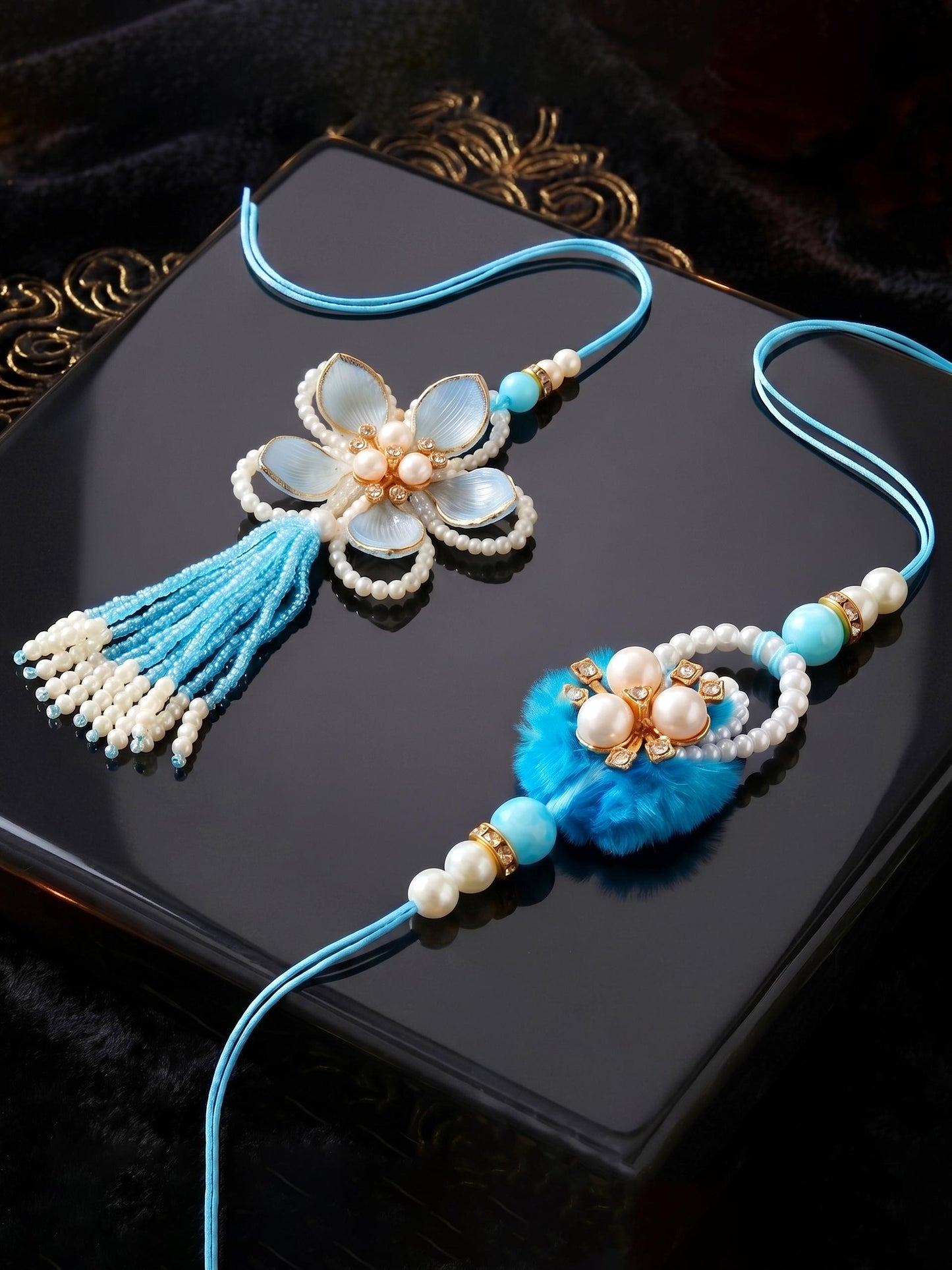 Set of 2 Traditional Blue Rakhi and Lumba Set with White Beads | Rakhi for Brother and Bhabhi (168-S7R1-PJ6201-F)
