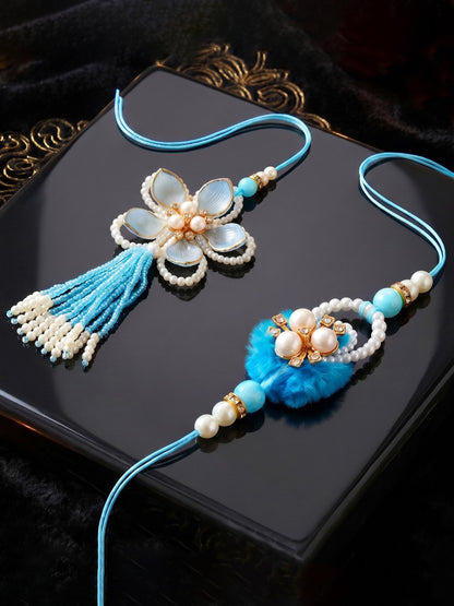 Set of 2 Traditional Blue Rakhi and Lumba Set with White Beads | Rakhi for Brother and Bhabhi (168-S7R1-PJ6201-F)
