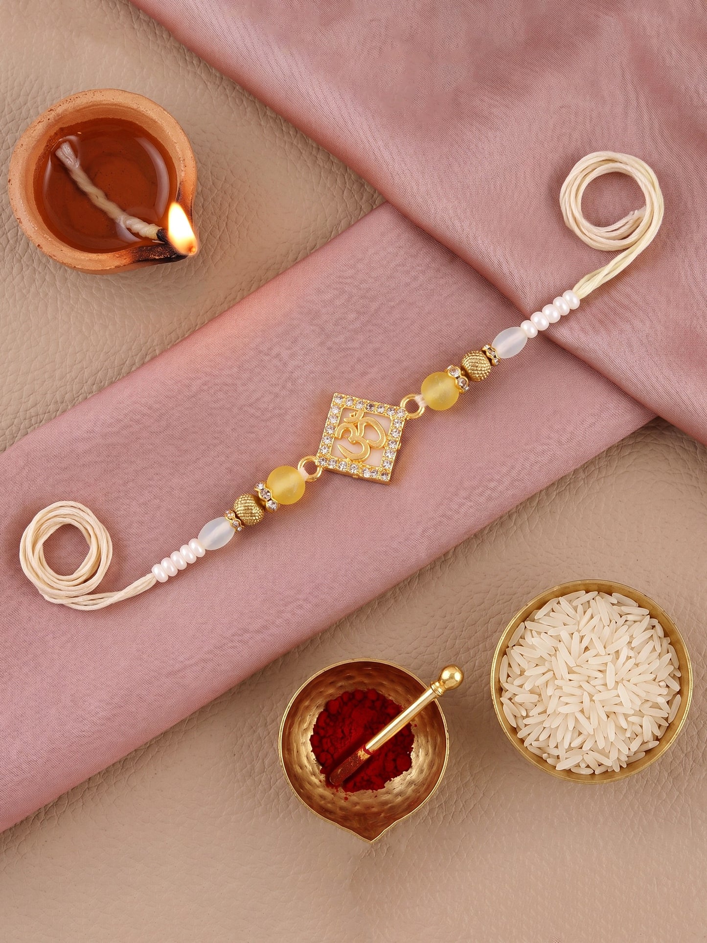 Designer Square Om Rakhi For Brother With Roli Chawal And Card | Gold-Tone Rhinestone Studded Rakhi (100-S7R1-IO3801)