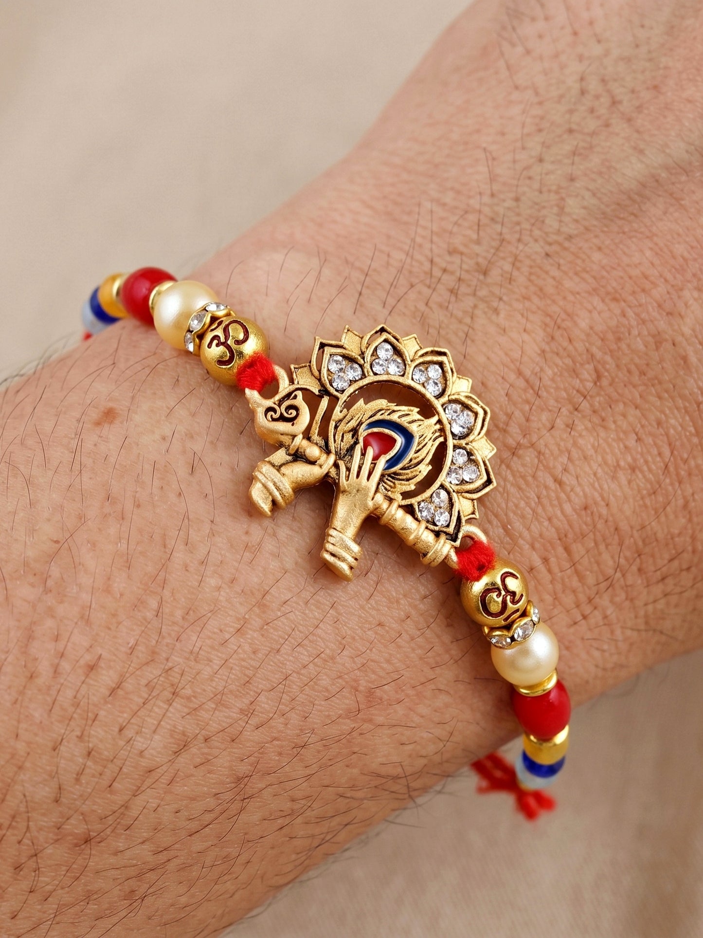 Designer Krishna Flute & Peacock Rakhi Set For Brother | Roli Chawal And Card (72-S5R1-AR2934)