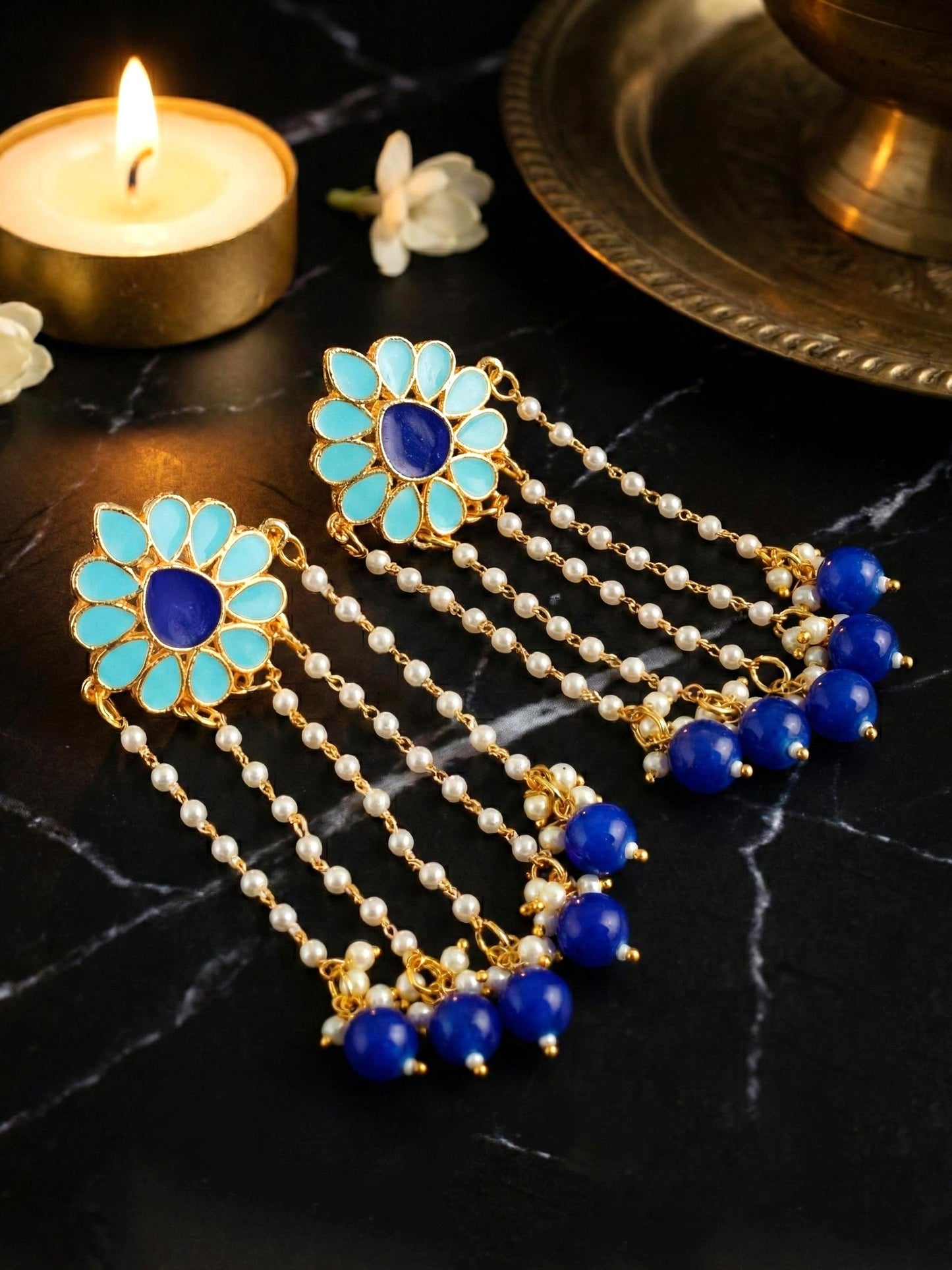 Gold-Plated Enamel Floral Long Earrings with Moti Layers and Blue Beads Earring For Girls & Women (354-KEO-13113-FB)