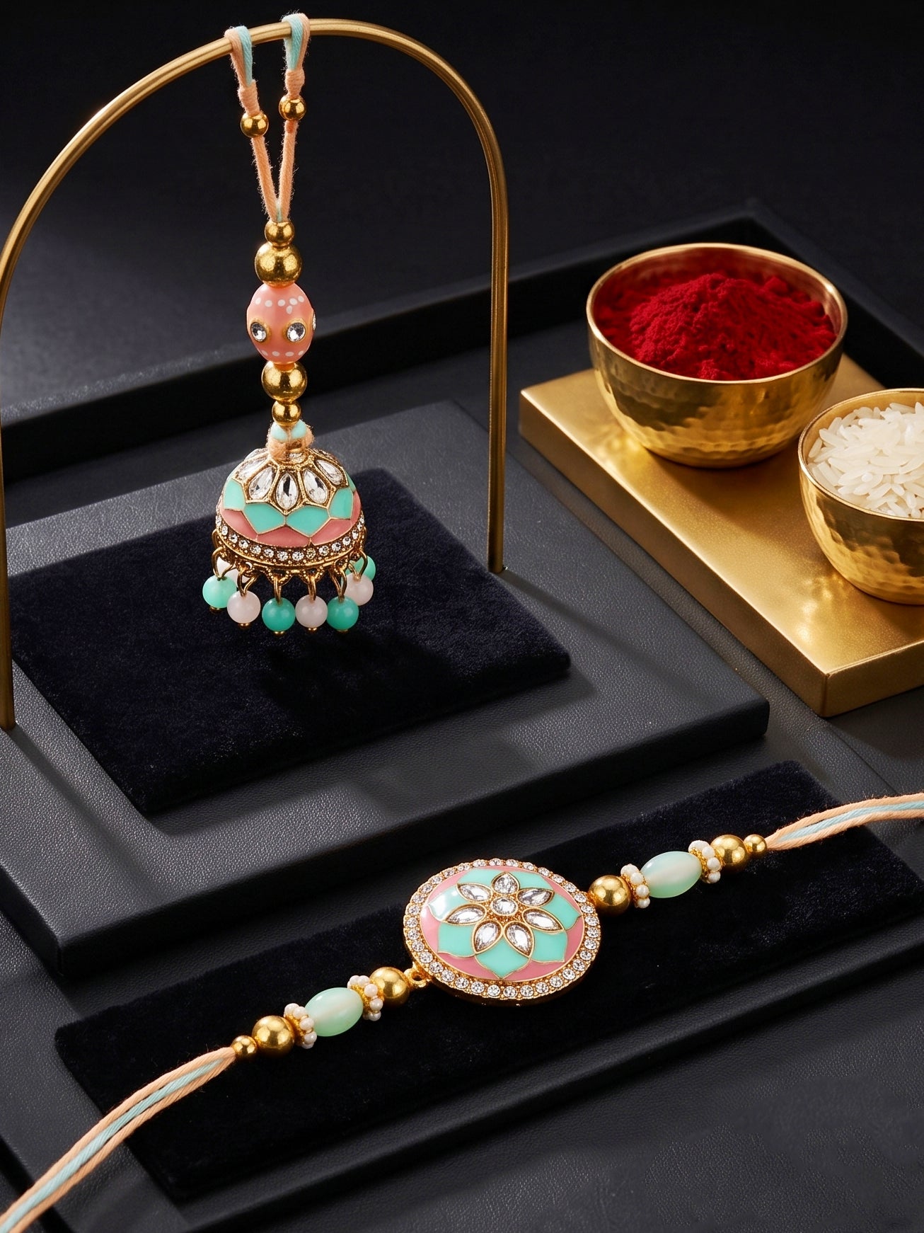 Set of 2 Pastel Green & Pink Bhaiya Bhabhi Rakhi Set, Kundan Floral Lumba with Beads, Roli, Chawal (325-CHCR1-1152-PKMNT-2-2026)