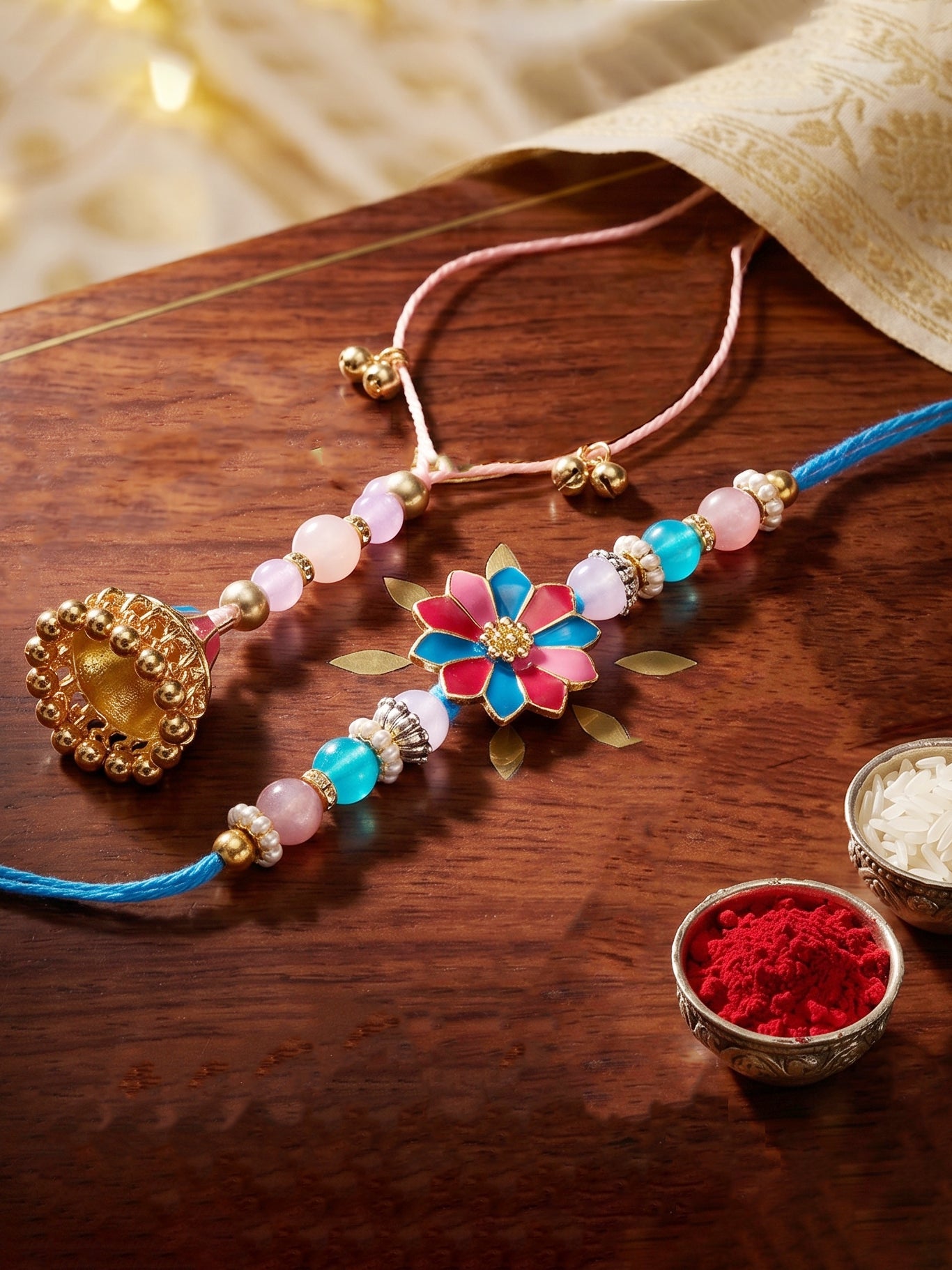 Set of 2 Designer Floral Bhaiya Bhabhi Rakhi Set with Meenakari Jhumki Lumba, Roli, Chawal & Card (240-CHCR1-1146-PKB-2-2026)