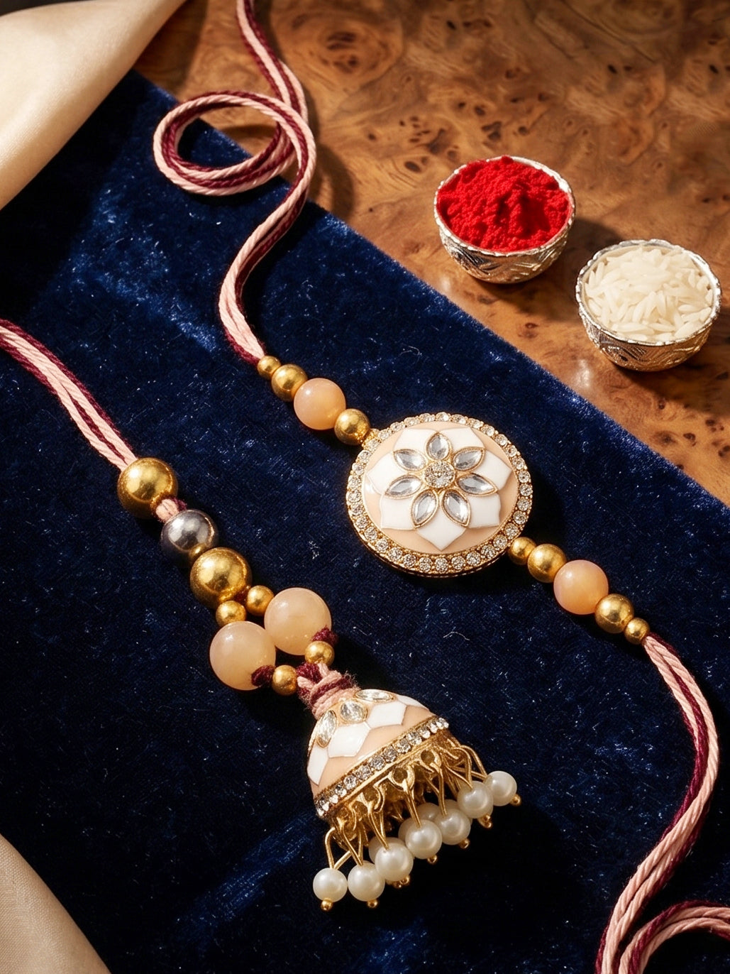 Set of 2 Beige & White Kundan Bhaiya Bhabhi Rakhi Set, Floral Enamel Jhumki Lumba with Beads (325-CHCR1-1152-W-2-2026)