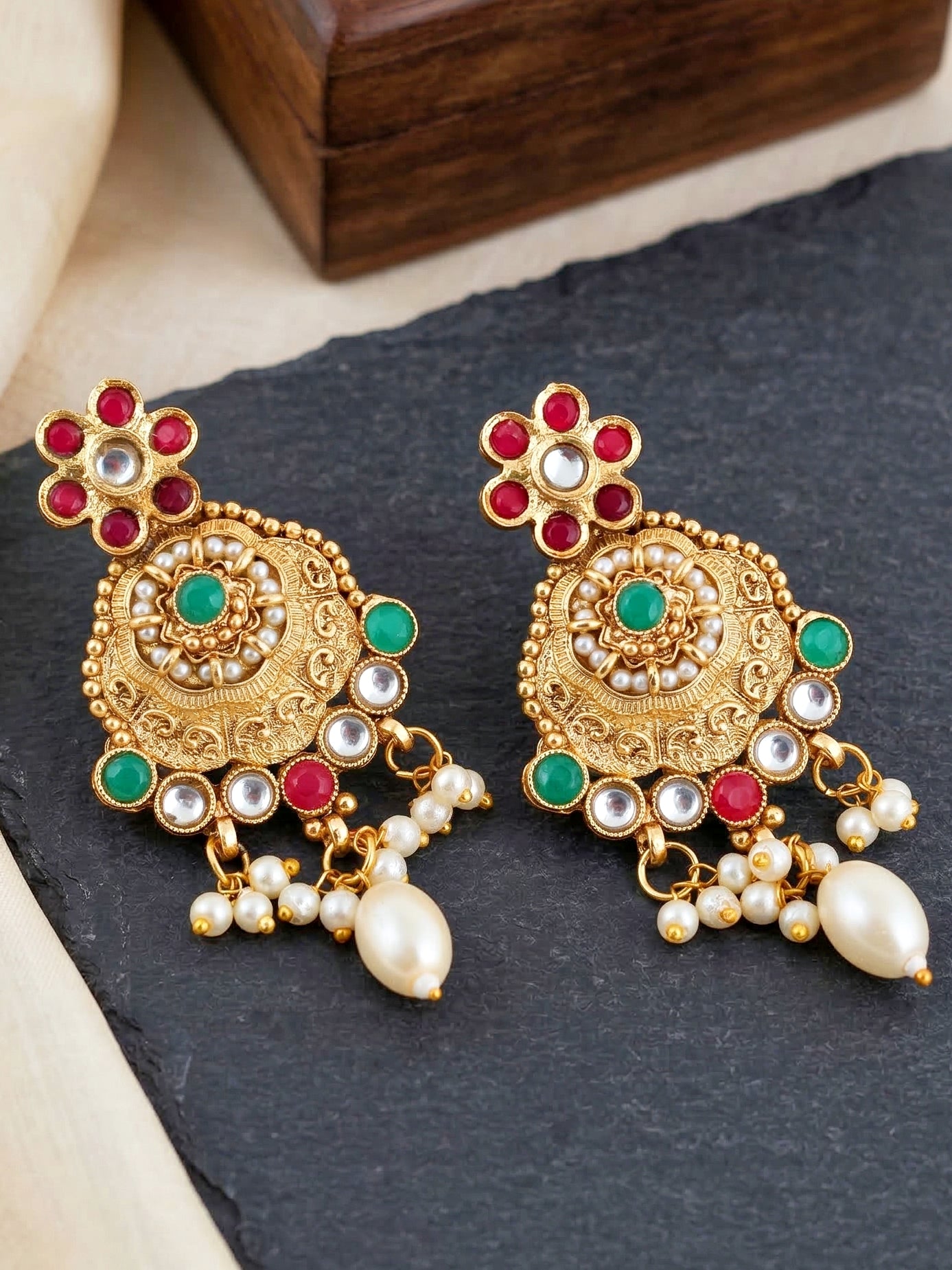 Lucky Jewellery Gold-Plated Ruby & Green Color Long Necklace Set (816-G2SR-205-RG)