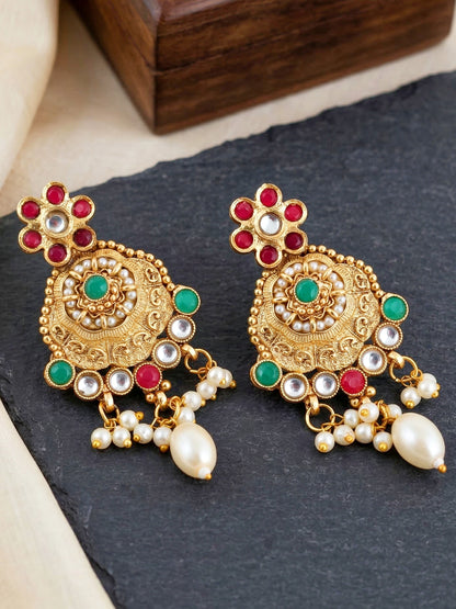 Lucky Jewellery Gold-Plated Ruby & Green Color Long Necklace Set (816-G2SR-205-RG)