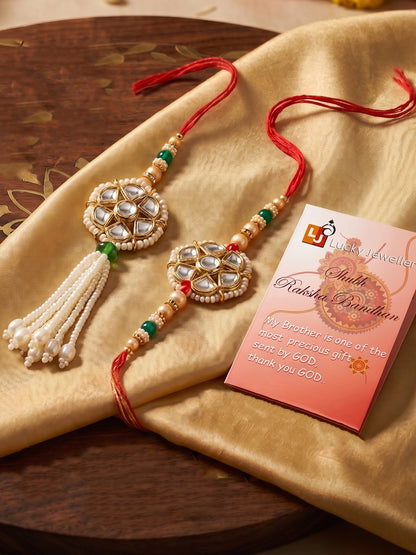 Set of 2 Bhaiya Bhabhi Rakhi Set with Floral Kundan, Green & White Beads, Tassel Lumba, Roli Chawal (118-JPCR1-1850-2-2026)