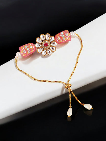Lucky Jewellery Designer Kundan Stone Floral Rakhi - Rakshabandhan Rakhee with Lumba Bracelet for Brother/Bhaiya/Bhai/Bhabhi - Pack of 2 (173-CHR1-1849-2)