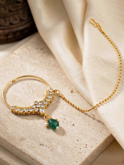Bridal AD Green Stone Heavy Choker Jewellery Set with Sheesh Patti, Nath & Jhumka (3300-M8ZK-1104-G)