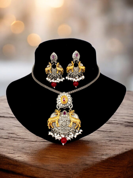 Trendy Silver Oxidised Jewelry Necklace with Earrings Silver Plated Pendant (608-KSO-19606-R-SG)