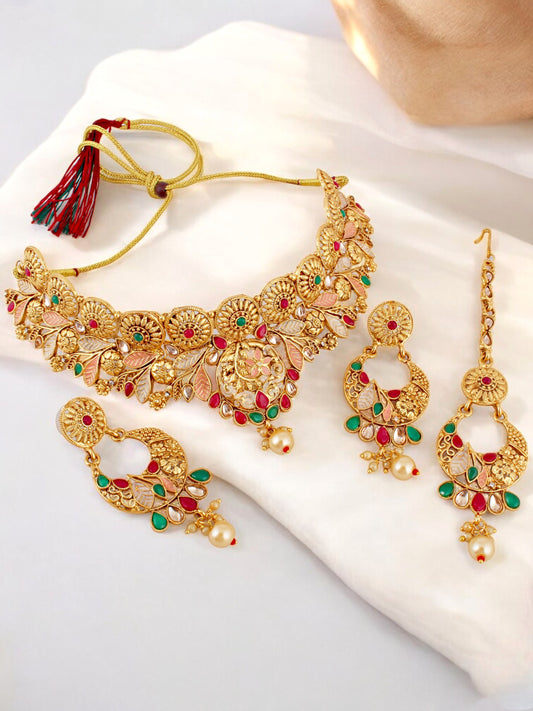 Gold-Plated Meenakari Choker Necklace Set Traditional Jewelry for Women & Girls (644-G2SR-001-MT)