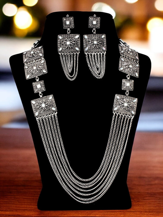 Trendy Oxidised Silver Plated Ethnic Navratri Jewellery Necklace with Layered Chain and Earrings (644-TSO-25104)