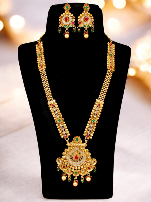 Gold-Plated Meenakari Long Necklace with Earrings Jewelry Set for Women & Girls (660-G2SR-175-GRRG)
