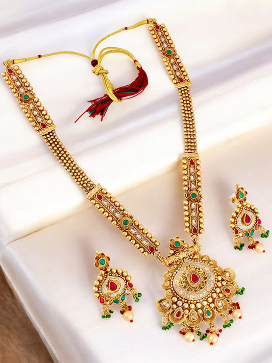 Gold-Plated Meenakari Long Necklace with Earrings Jewelry Set for Women & Girls (660-G2SR-175-GRRG)
