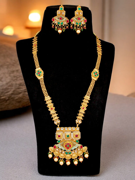 Gold-Plated Meenakari Long Necklace with Earrings Jewelry Set for Women & Girls (660-G2SR-176-MNTRG)