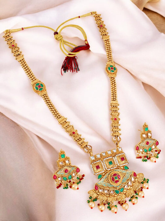 Gold-Plated Meenakari Long Necklace with Earrings Jewelry Set for Women & Girls (660-G2SR-176-MNTRG)