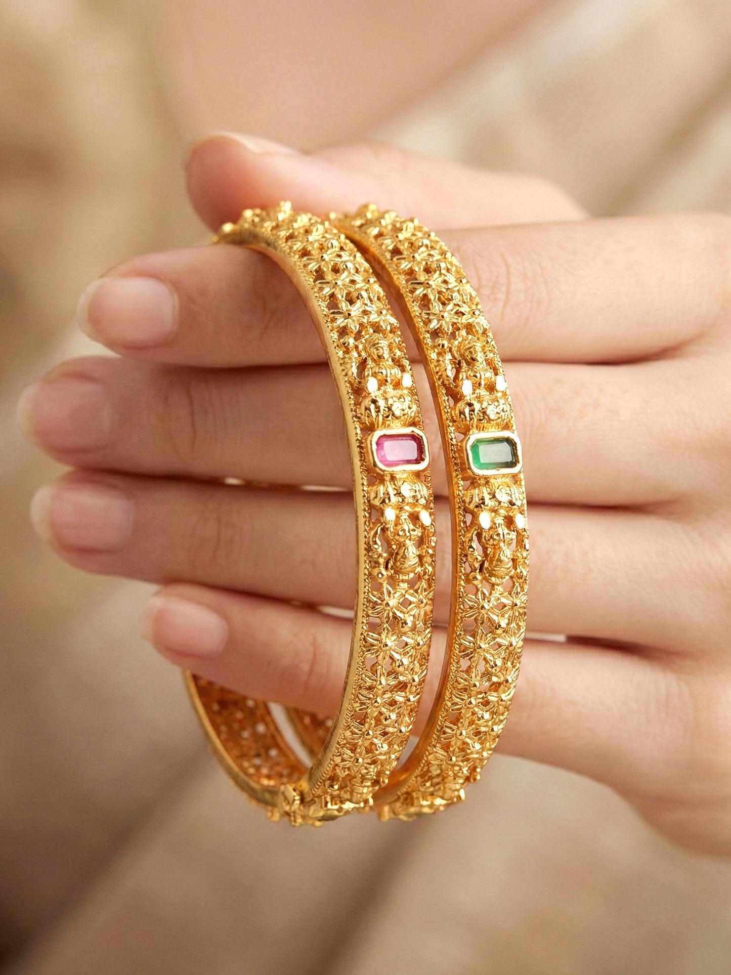 Gold-Plated Temple Floral Laxmi Bangle Pink Green (670-C1BG-2198-2)
