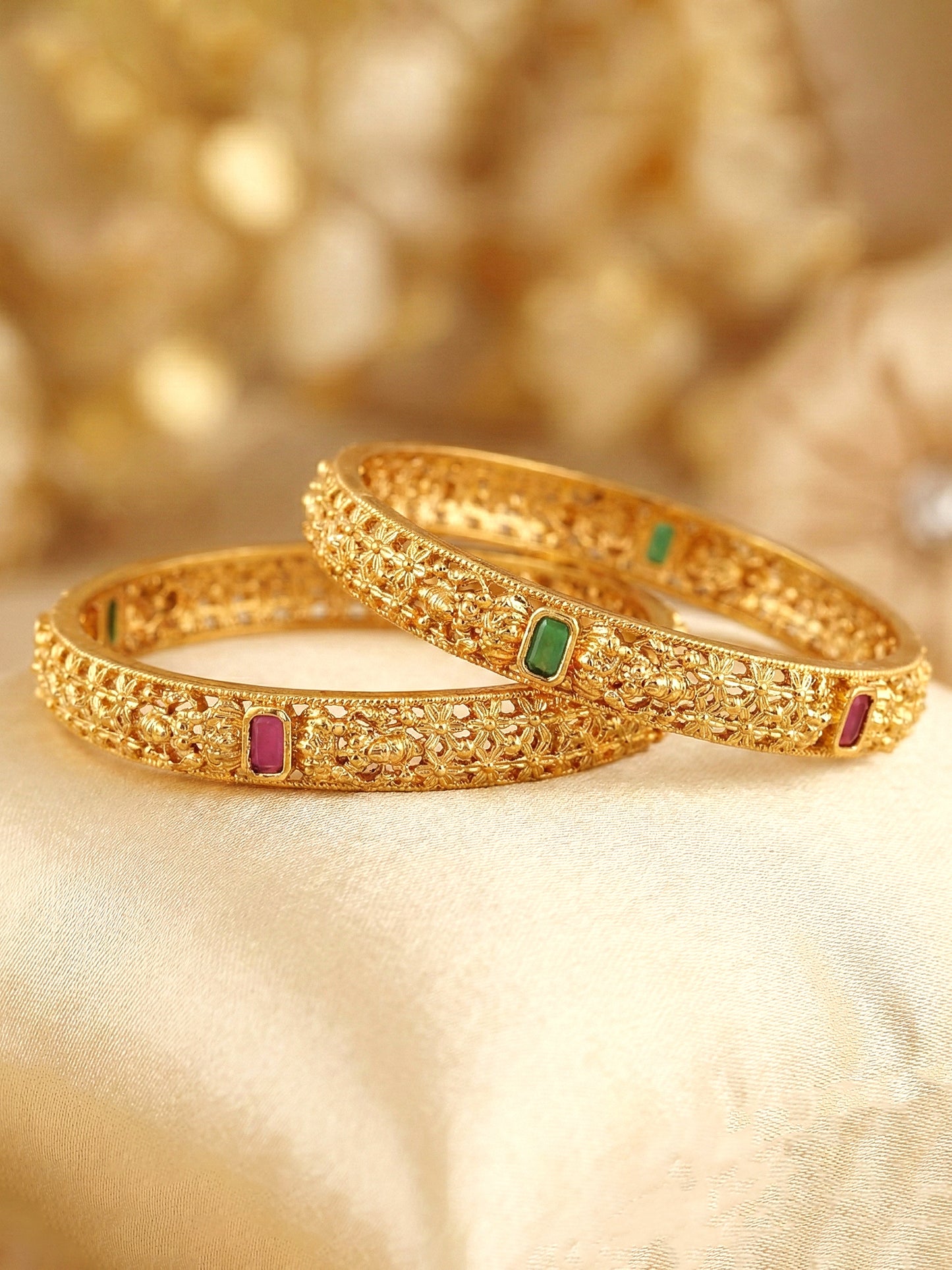 Gold-Plated Temple Floral Laxmi Bangle Pink Green (670-C1BG-2198-2)