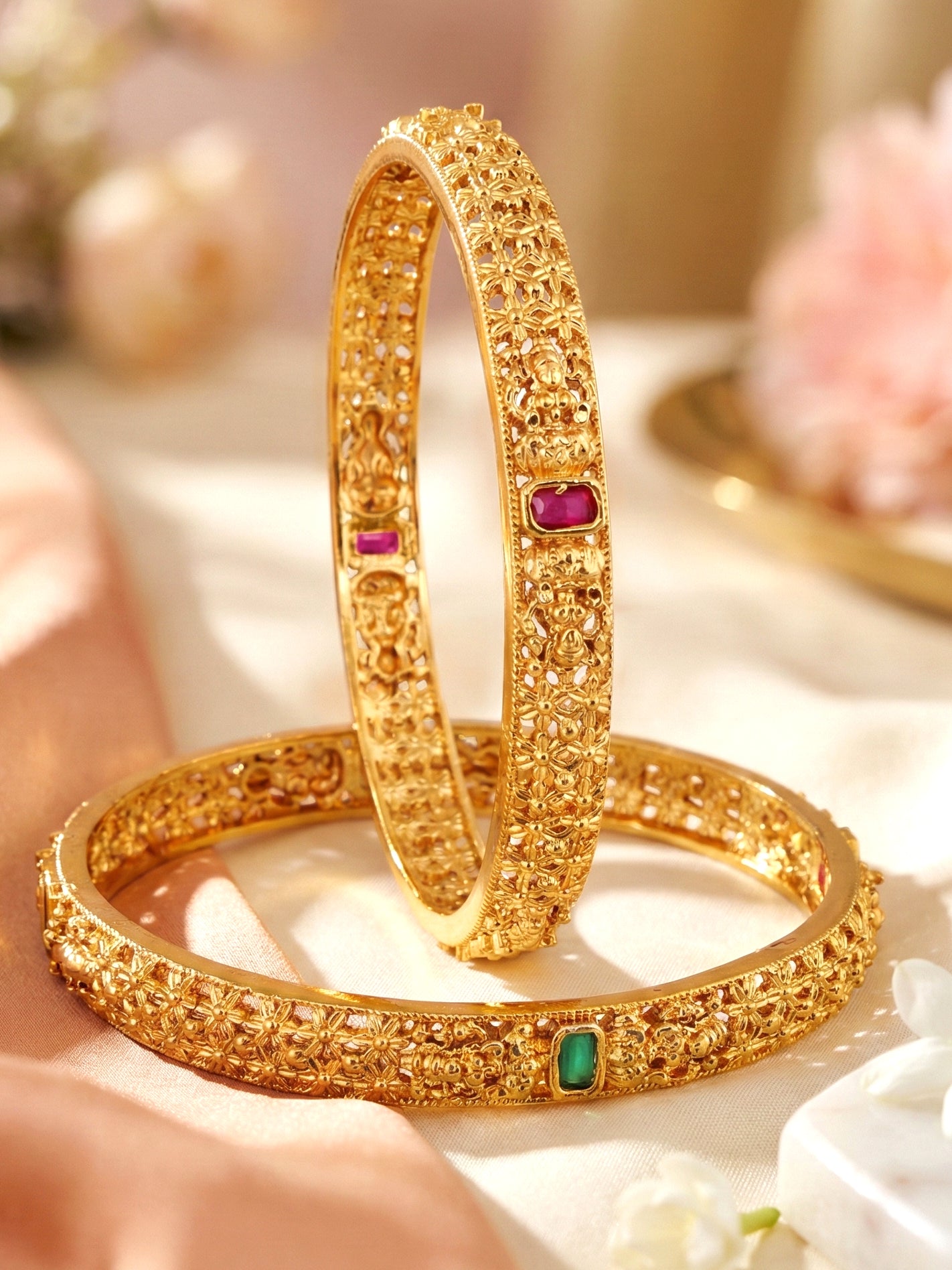 Gold-Plated Temple Floral Laxmi Bangle Pink Green (670-C1BG-2198-2)