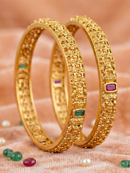 Gold-Plated Temple Floral Laxmi Bangle Pink Green (670-C1BG-2198-2)