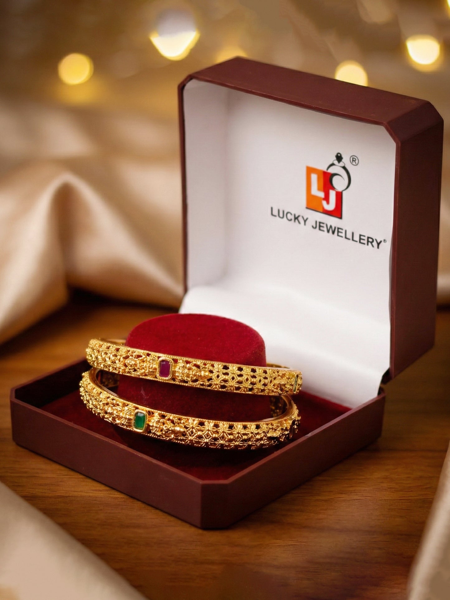 Gold-Plated Temple Floral Laxmi Bangle Pink Green (670-C1BG-2198-2)