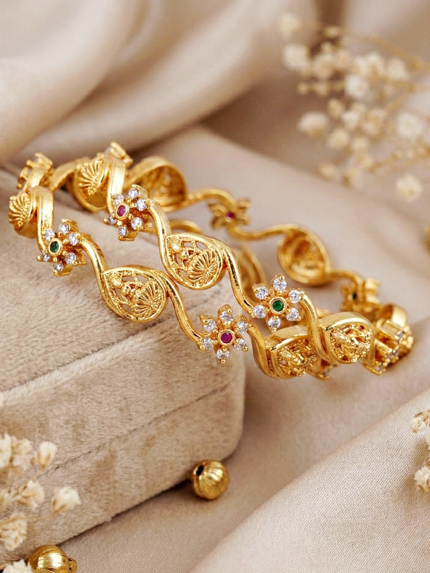 Gold-Plated Laxmi Twist Floral AD Stone Bangle (677-C1BG-2199-2)