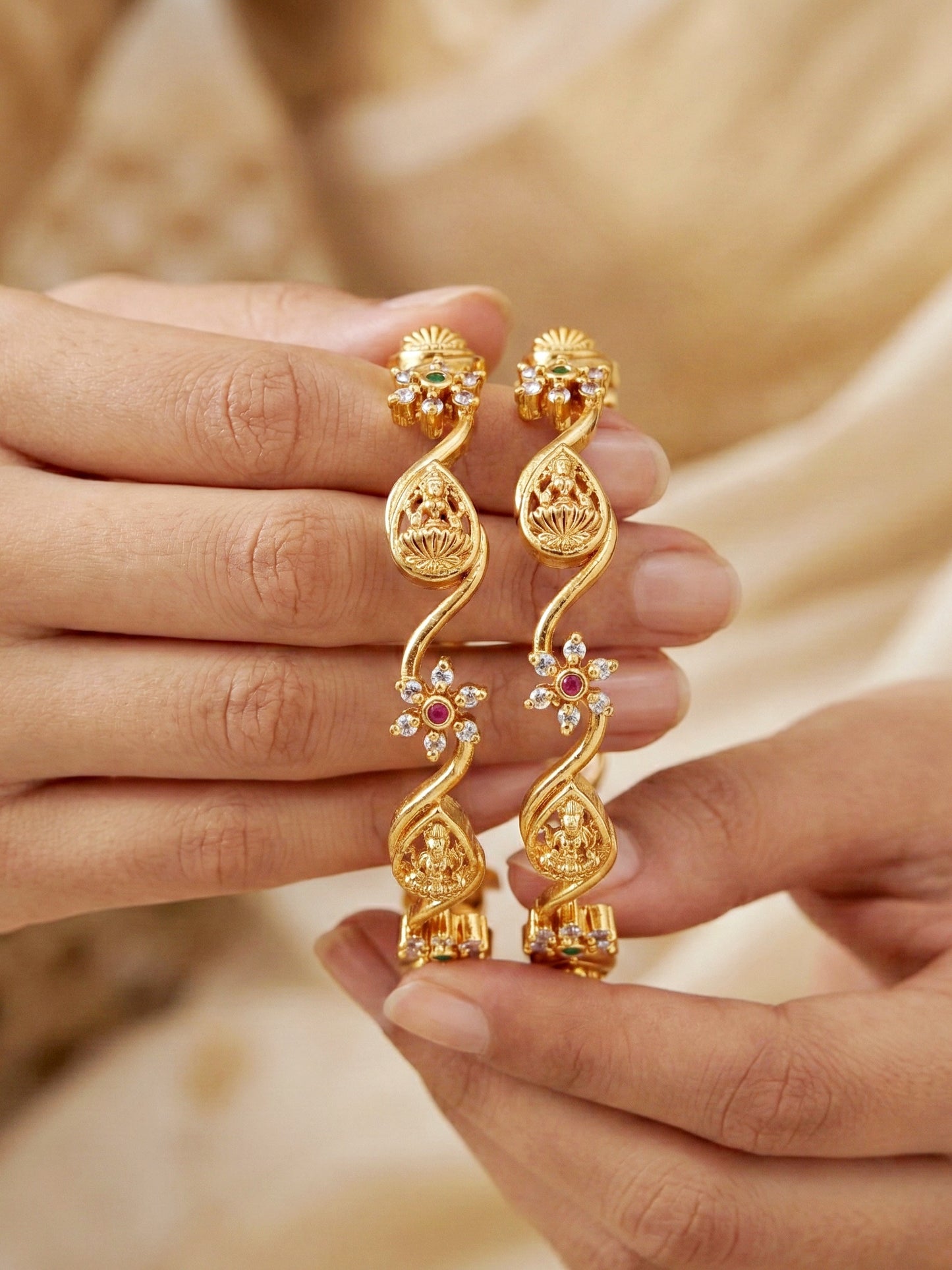 Gold-Plated Laxmi Twist Floral AD Stone Bangle (677-C1BG-2199-2)