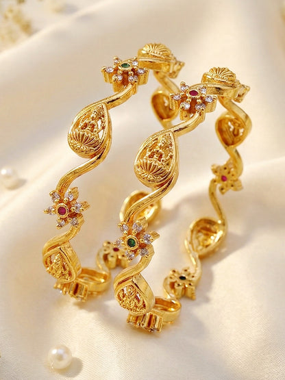 Gold-Plated Laxmi Twist Floral AD Stone Bangle (677-C1BG-2199-2)