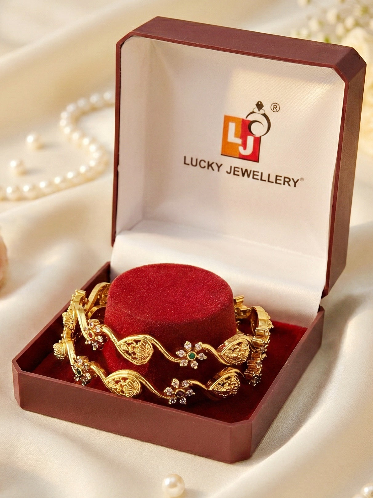 Gold-Plated Laxmi Twist Floral AD Stone Bangle (677-C1BG-2199-2)