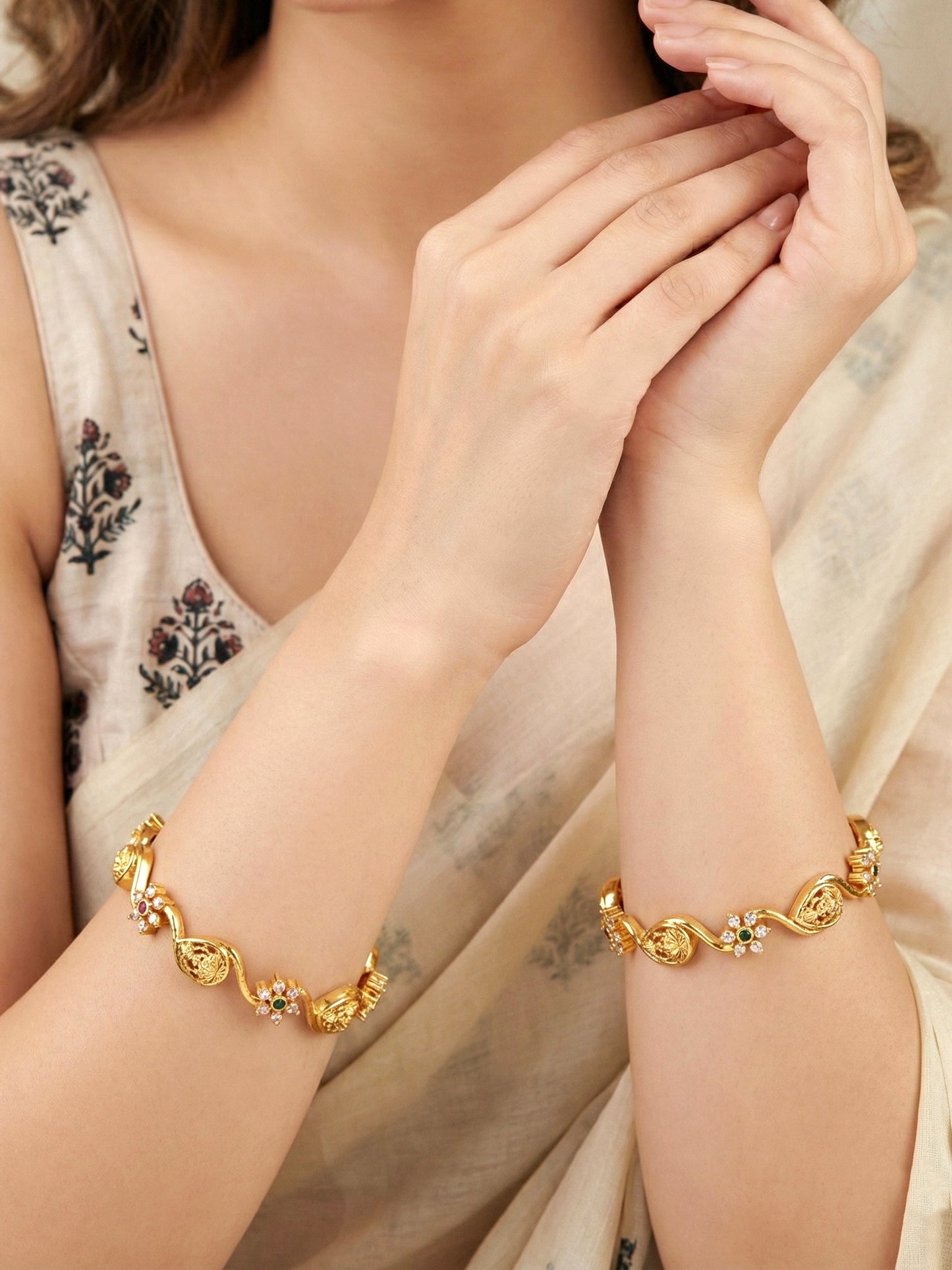 Gold-Plated Laxmi Twist Floral AD Stone Bangle (677-C1BG-2199-2)