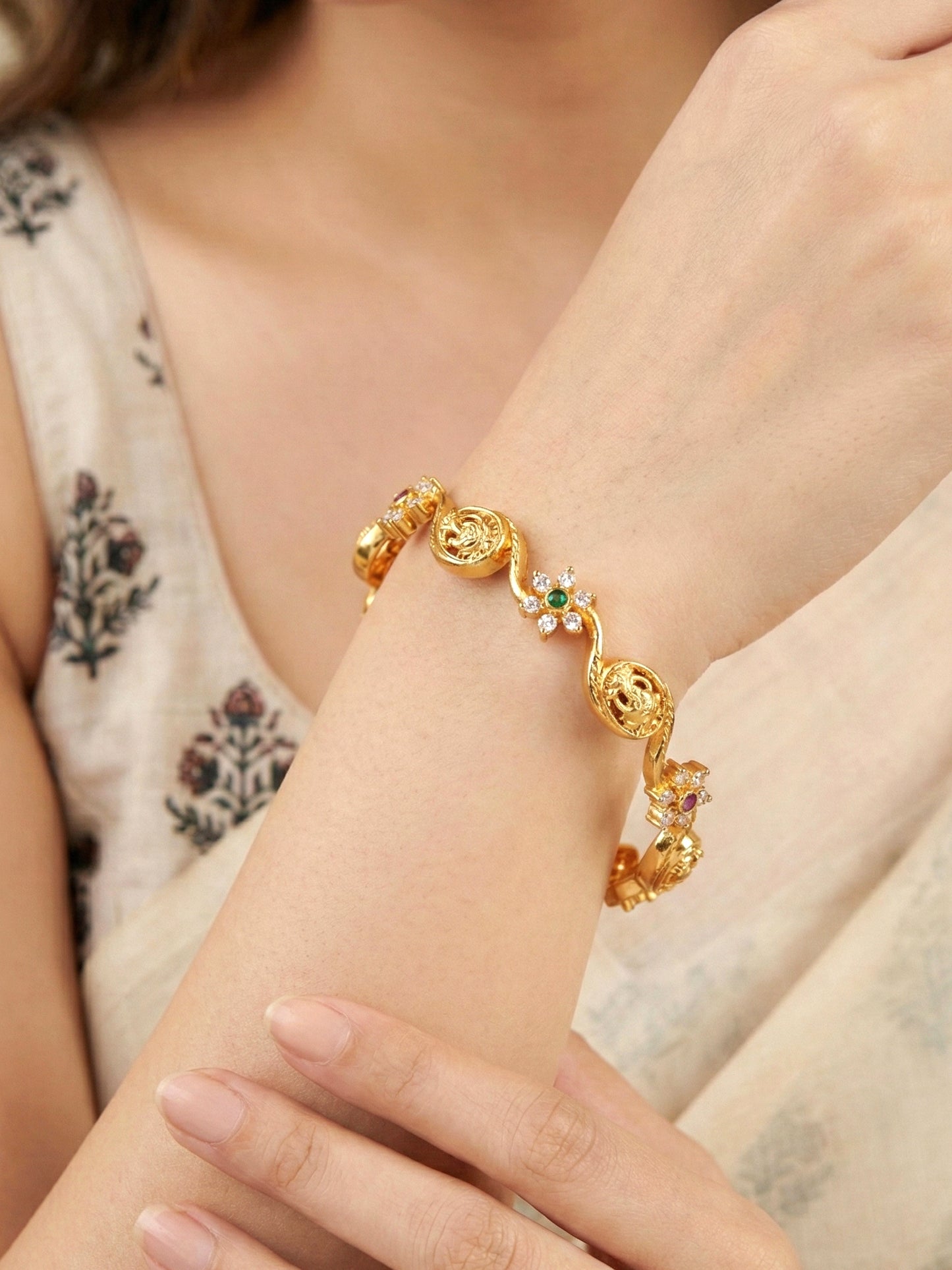 Gold-Plated Laxmi Twist Floral AD Stone Bangle (677-C1BG-2199-2)