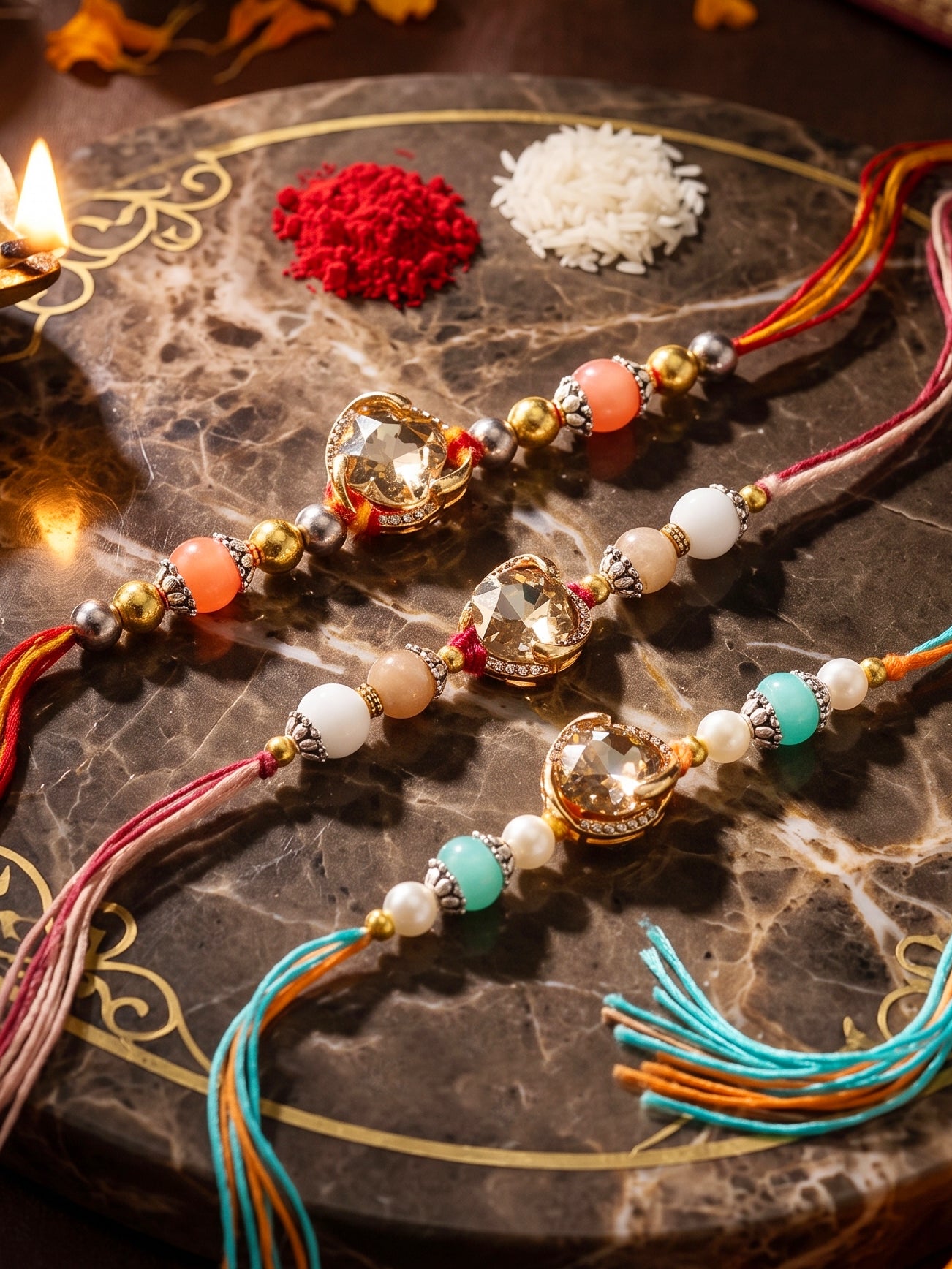 Set of 3 Designer Rakhis: Faceted Crystal Centerpiece & Multi Beads, Roli, Chawal & Card (300-CHR1-1002B-3-2026)