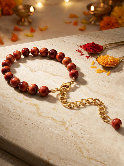 Elegant Brown Adjustable Rudraksha Style Beaded Rakhi with Roli Chawal & Greeting Card For Brothers (76-S7R1-EA3012)