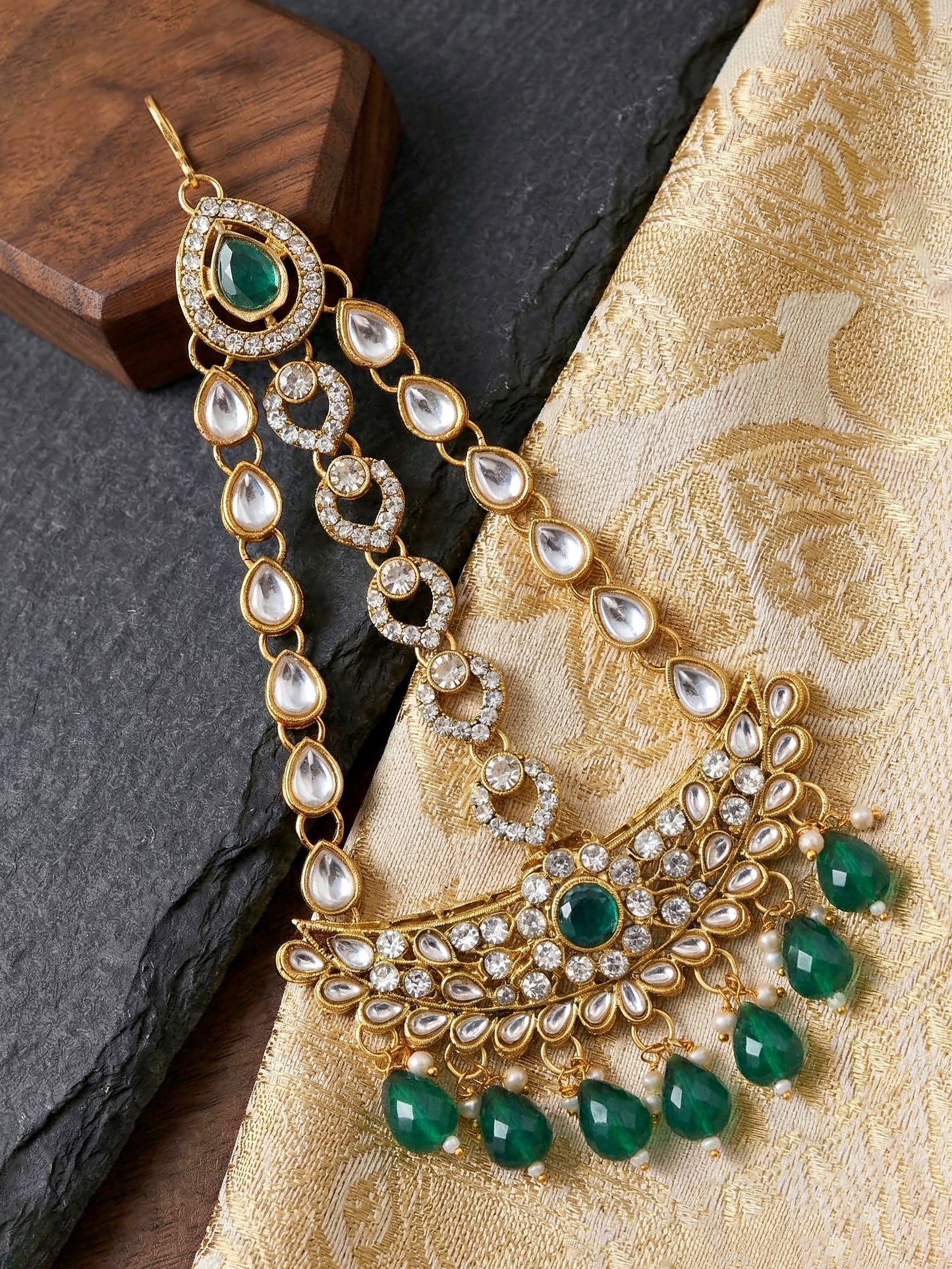 Bridal AD Green Stone Heavy Choker Jewellery Set with Jhumka & Nath (3300-M8ZK-1102-G)