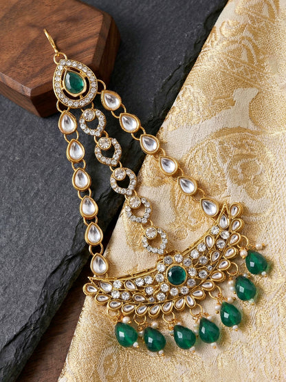 Bridal AD Green Stone Heavy Choker Jewellery Set with Jhumka & Nath (3300-M8ZK-1102-G)