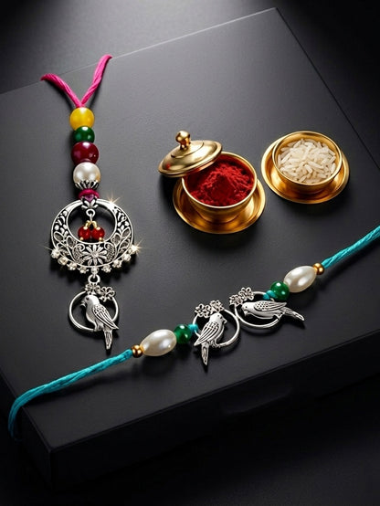 Set of 2 Bhaiya Bhabhi Rakhi Set with Small Bird Pendant, Maroon & Drop Beads, Roli Chawal & Card (108-JPCR1-1952-S-2-2026)