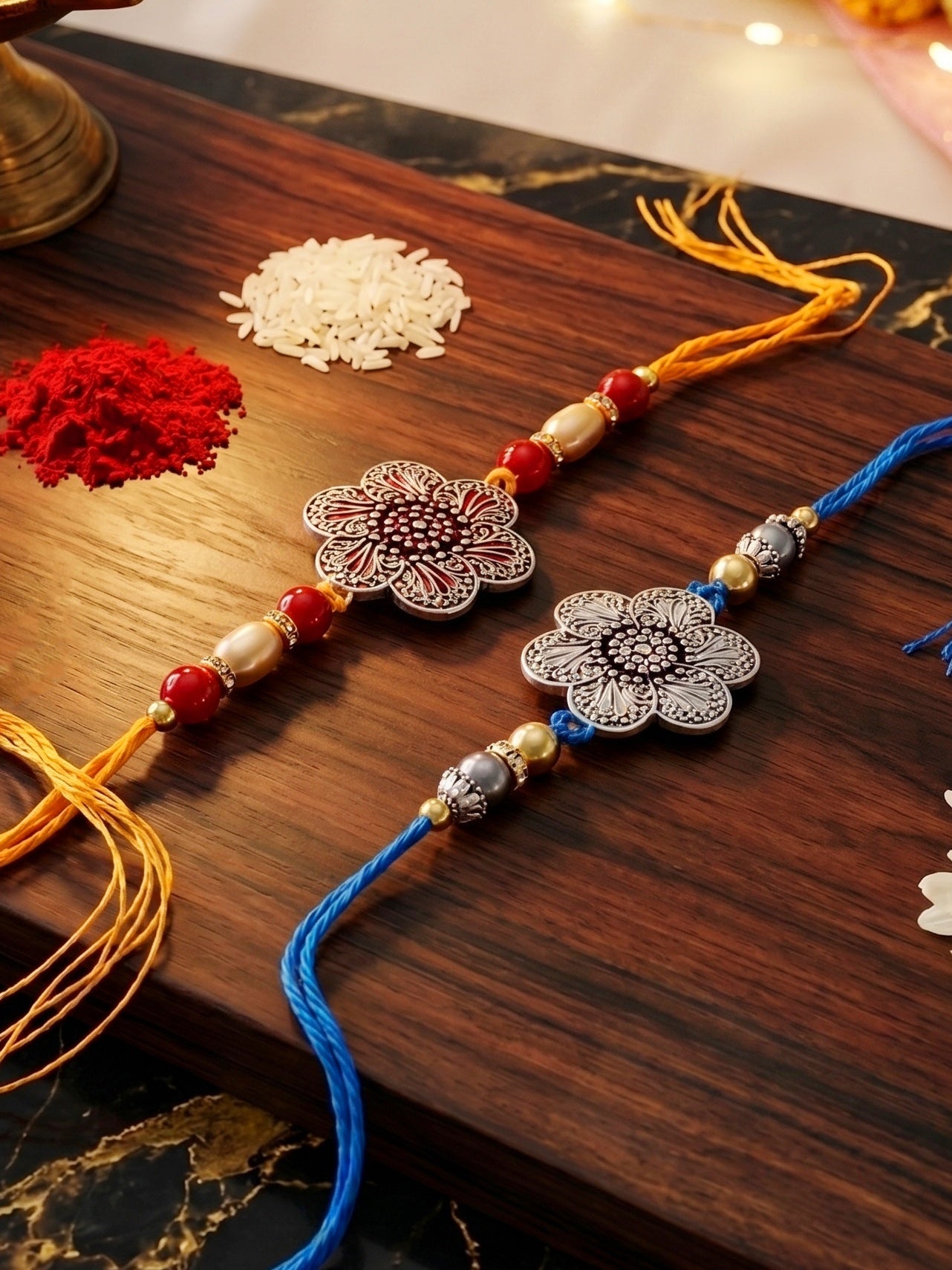 Set of 2 Floral Pendant Rakhi for Brother with Maroon & Blue Beads, Roli Chawal & Card (108-CHR1-1967-S-2-2026)