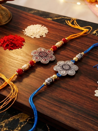 Set of 2 Floral Pendant Rakhi for Brother with Maroon & Blue Beads, Roli Chawal & Card (108-CHR1-1967-S-2-2026)