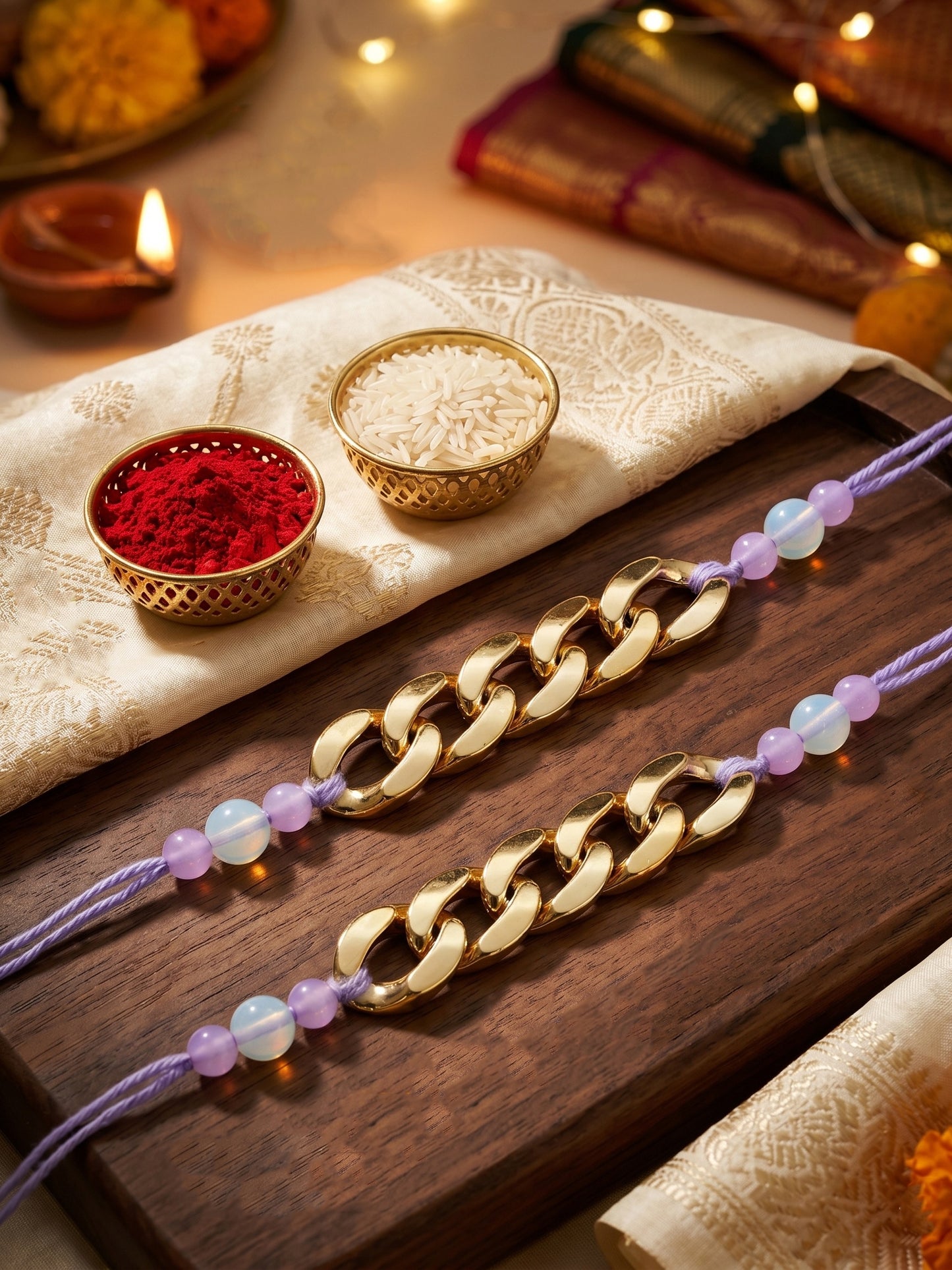 Set of 2 Modern Gold Chain Link Rakhi for Brother with Lavender Beads, Roli Chawal & Card (105-CHR1-1197-2-2026)